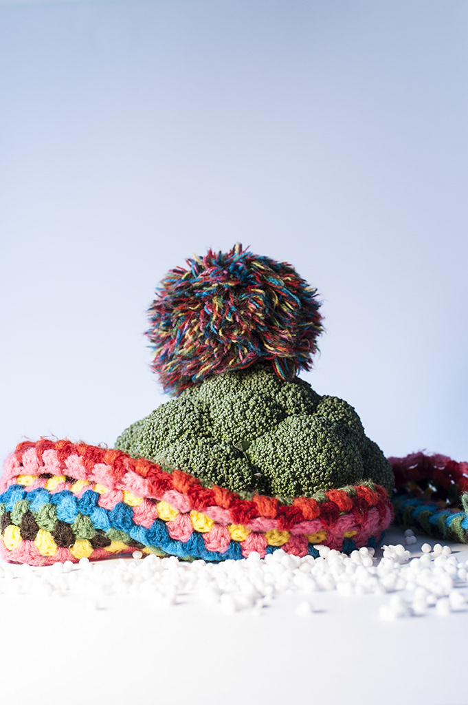 photo of a winter scene created with broccoli as a warm hat