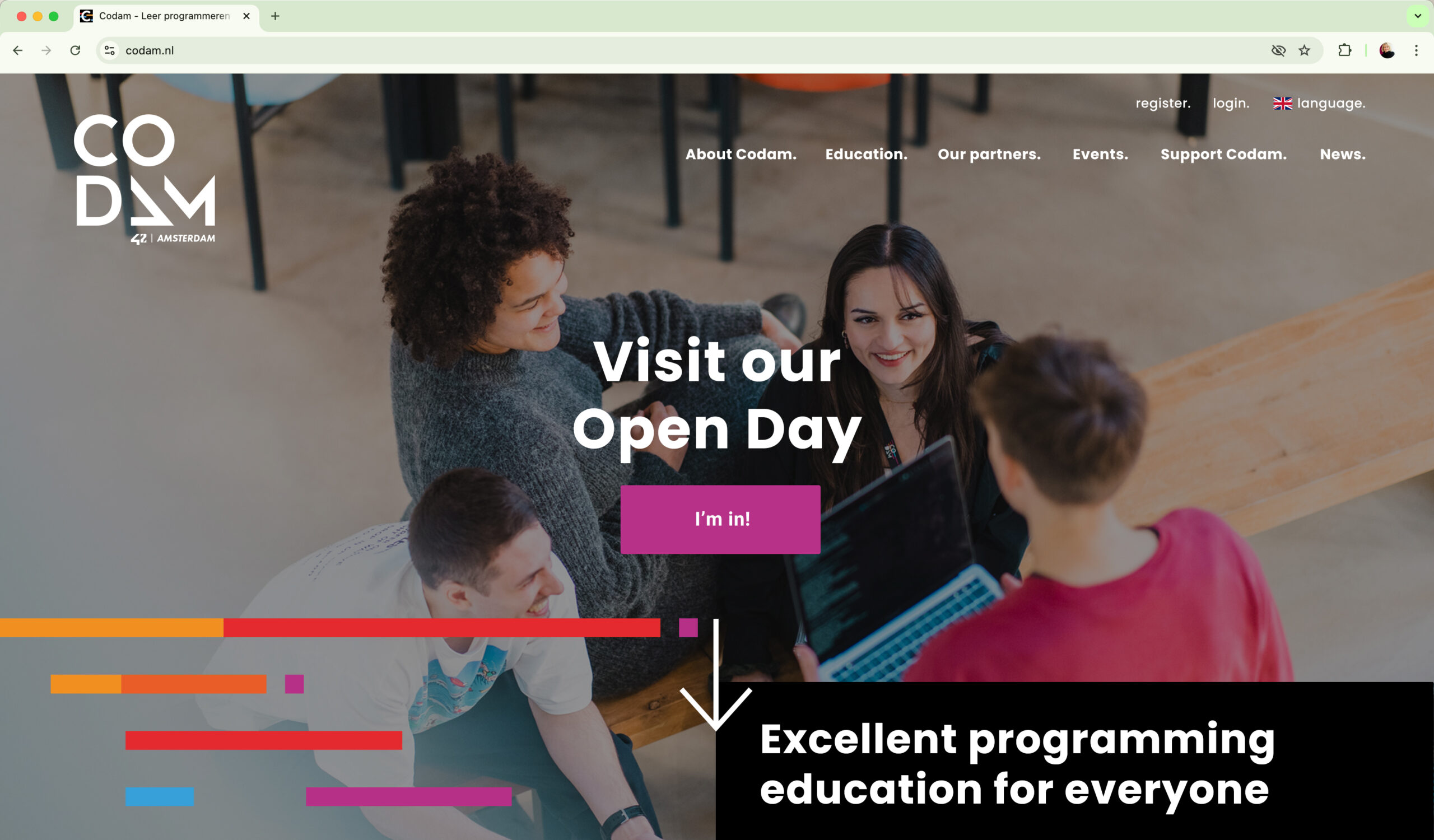 het ontwerp van de homepage van Codam